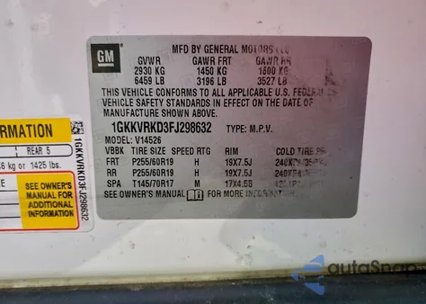 2015 GMC Acadia Slt-1 z USA, uszkodzony, nr VIN 1GKKVRKD3FJ298632